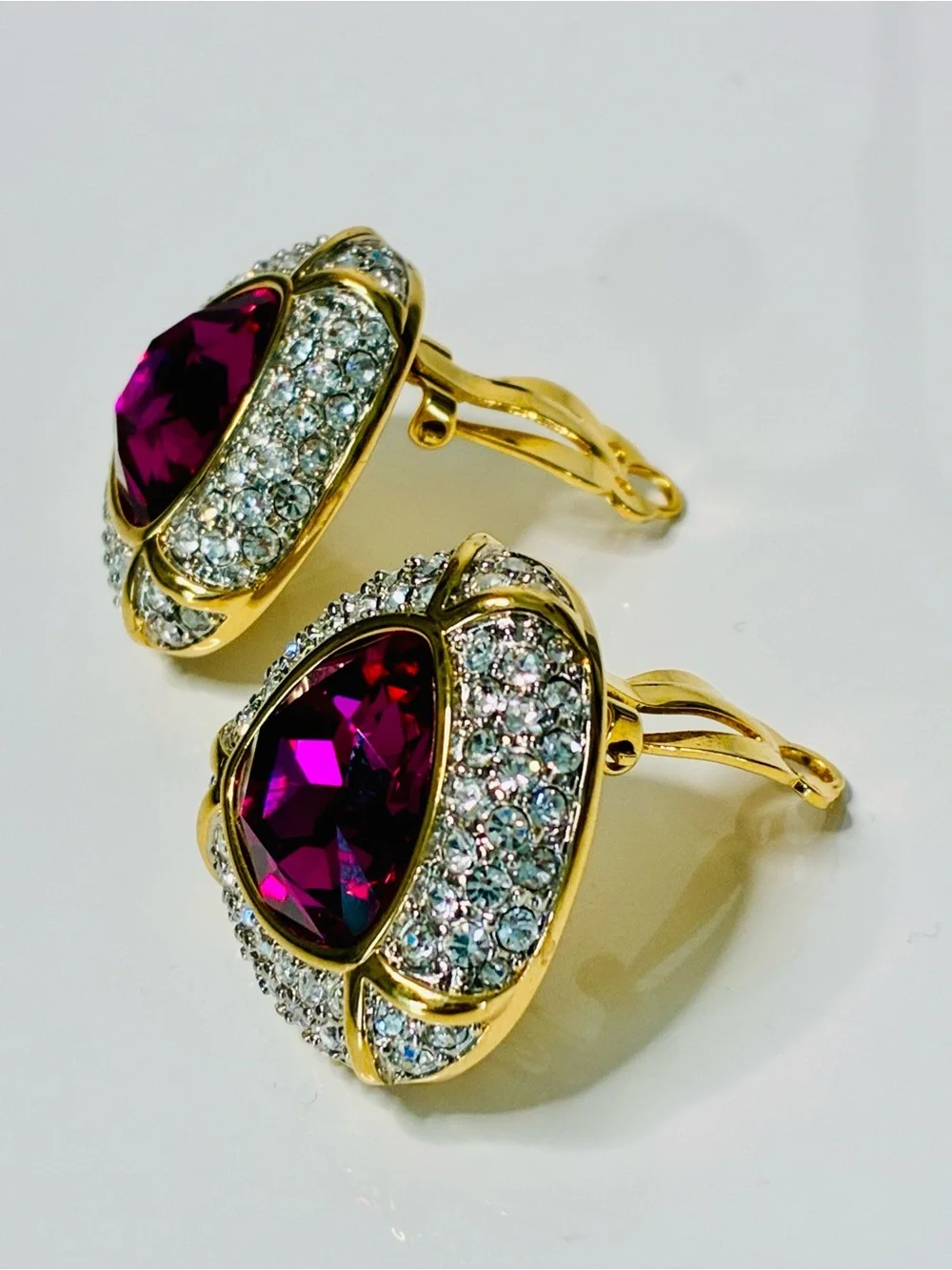 RARE Swarovski Gold-Tone Fuchsia Crystal HUGE HEAVY AND PRISTINE Clip Earrings